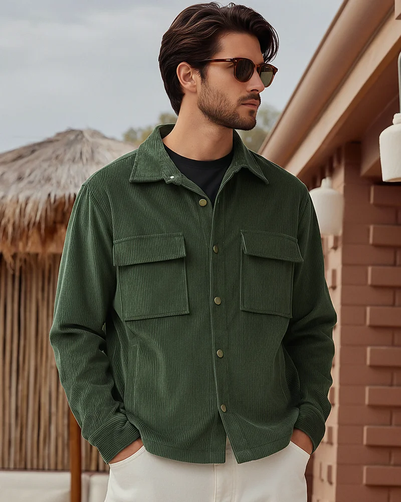 بيواكوف Men's Dark Olive Green Corduroy Jacket